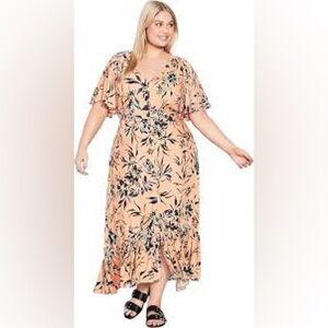 Plus Size Peach Floral Maxi Dress with Tie Waist 16